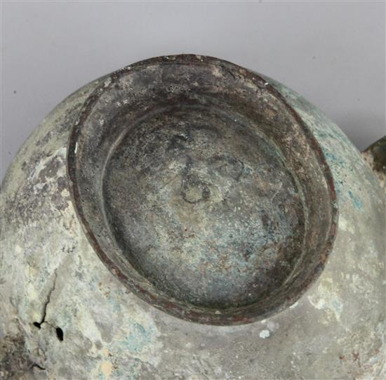 A Chinese archaic bronze ritual steaming vessel, Zeng, Warring States period, 5th-2nd century B.C., 17cm wide, holes and repair